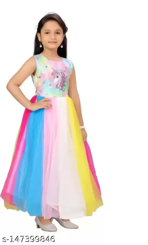 Unicorn printed rainbow net gown for kids party wear, stylish and trendy, 4-5 years size, suitable for various occasions like Diwali, Navratri, etc