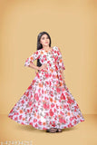 Pink rayon Georgette Anarkali gown with three-quarter sleeves and printed net pattern, suitable for women aged 15-16 years. Indian ethnic wear fashion
