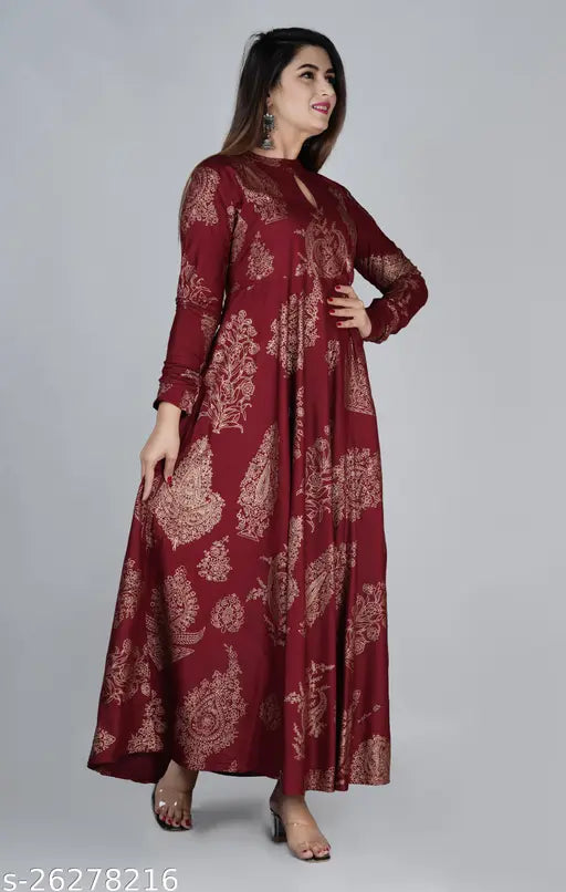 Gold printed cotton Anarkali kurta with long sleeves and intricate pattern, M size (bust 38in, length 52in), from India