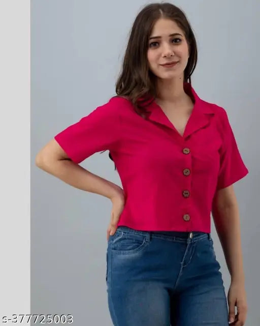Pink rayon crop shirt, solid net pattern, XS to XXL sizes, Rani Pink color