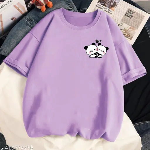 Purple cotton round neck oversized pocket print t-shirt for women