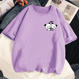 Purple cotton round neck oversized pocket print t-shirt for women