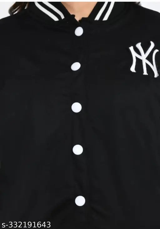 Black bomber jacket with white NY letters, zip front, hoodie style
