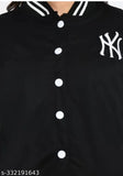 Black bomber jacket with white NY letters, zip front, hoodie style