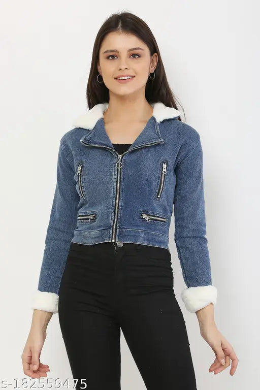 Solid blue denim jacket with faux fur collar