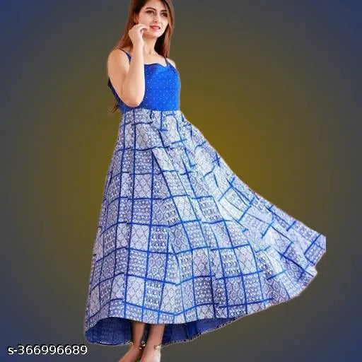 Royal blue printed anarkali kurta with long skirt, short sleeves