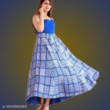 Royal blue printed anarkali kurta with long skirt, short sleeves