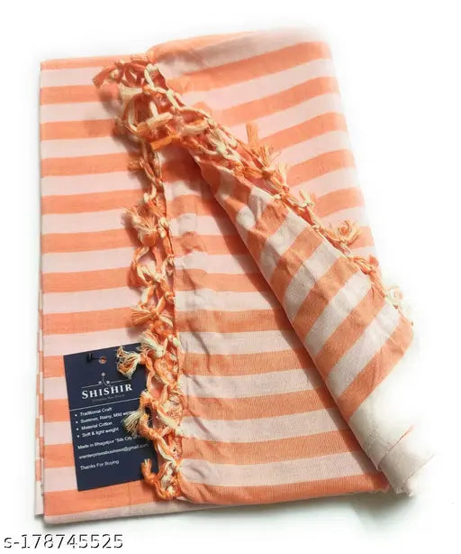 Orange-white striped, 100% fine cotton travel blanket for AC and mild winter, lightweight and durable, ideal for train/bus use