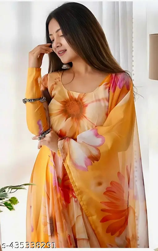 Yellow Georgette Kurti, botanical print, versatile party wear for casual and formal occasions