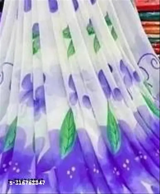 Purple and blue flower print georgette sari