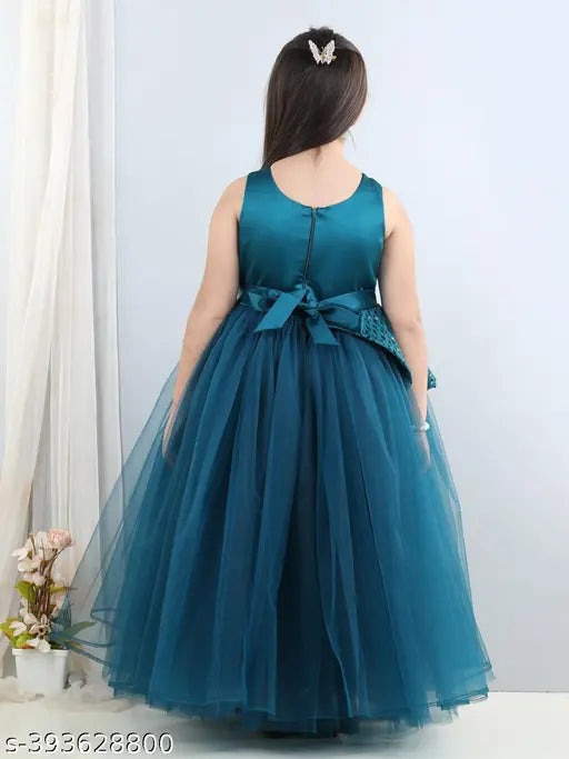 Teal blue girls' party dress with embellishments, sleeveless, net fabric, 1-2 years size (Indian origin)