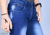 Men's blue cotton-blend jeans, comfortable denim with a dyed/washed pattern, engineered for comfort and style. SHUKRAN quality at affordable prices. Made in India, pre-shrunk, pill-resistant fabric, baggy fit, size 28, 30, waist 28in/30in, length 40in, hip 30in/32in