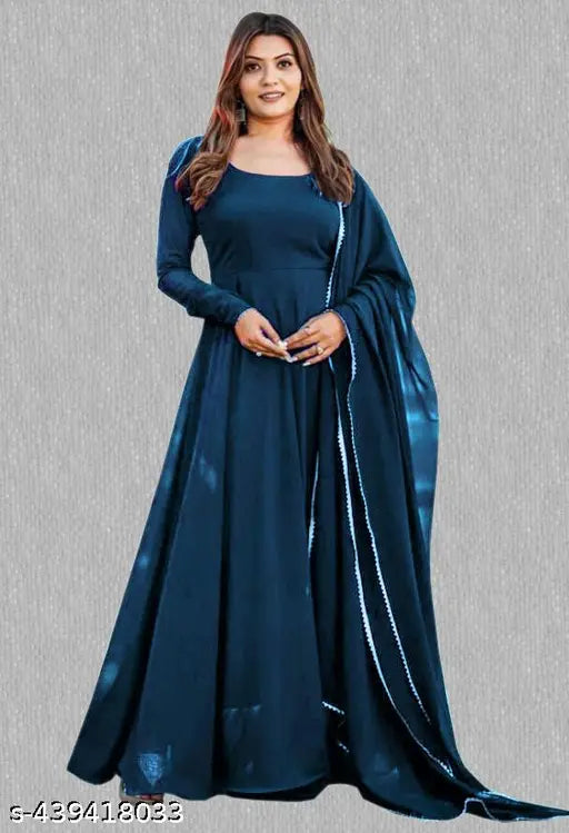 Georgette women's gown with dupatta, solid net, long sleeves, full-stitched quality, Indian origin