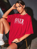Red cotton oversized t-shirt women's cropped sleeves