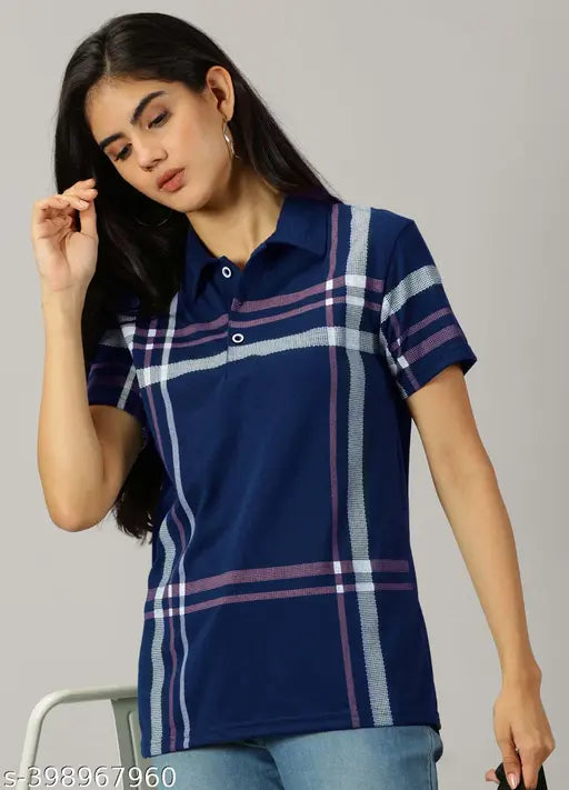 Blue cotton blend printed polo t-shirt for women, casual and fashionable attire
