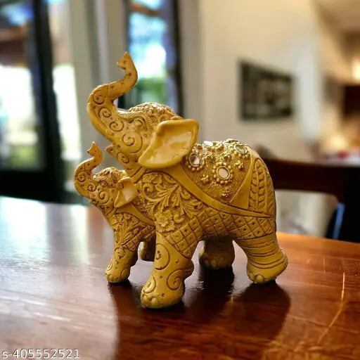 Yellow resin elephant statues with baby attachment - home decorative gift for birthdays, weddings, or anniversaries