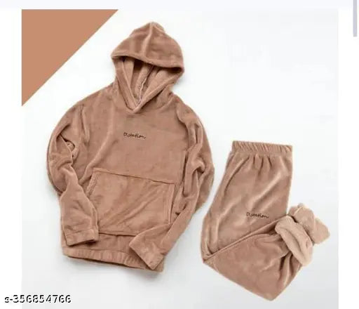 Wool winter hoodie/night suit for women in Matti color - solid design, long sleeves, pyjamas style, XL size from India