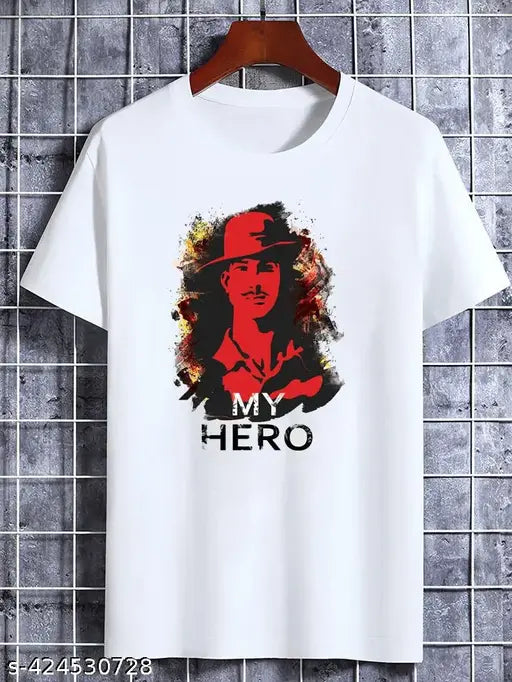 White polyester t-shirt featuring 'My Hero Bhagat Singh' printed design, short sleeves