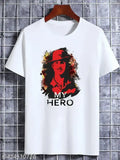 White polyester t-shirt featuring 'My Hero Bhagat Singh' printed design, short sleeves
