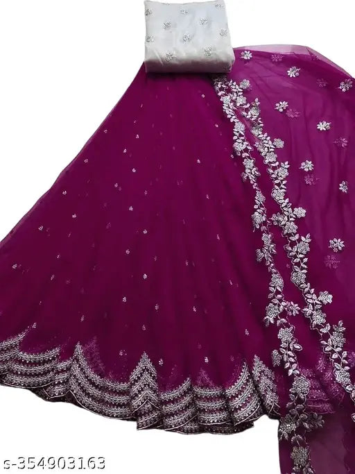 Embroidered dupion silk and net Lehenga Choli with semi-stitch, cut work border, free size (44 in waist, 43 in length)