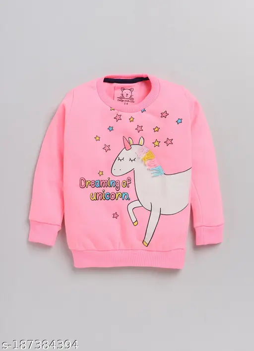 Pink cotton sweatshirt featuring a graphic printed unicorn with 3D applique detail, for girls aged 2-3 years