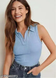 Sky Blue ribbed cotton blend sleeveless top for women, solid pattern, multiple sizes available from S to XL, made in India