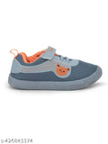 Little kid's shoes with blue fabric and orange bear logo
