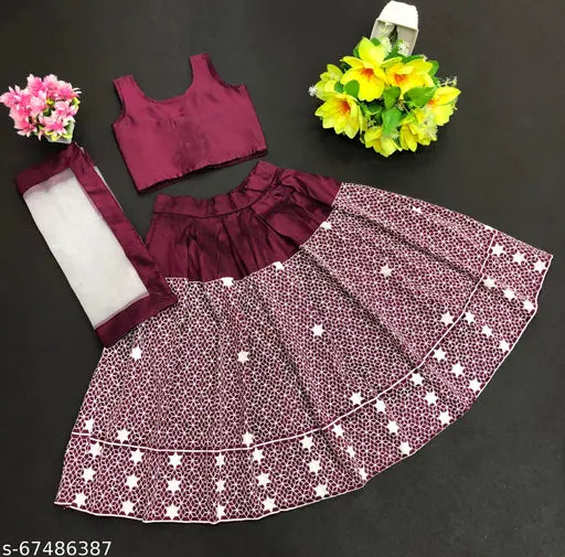 Taffeta silk lehenga cholis, sleeveless top with embroidered pattern, Indian traditional wear for kids aged 2-5 years