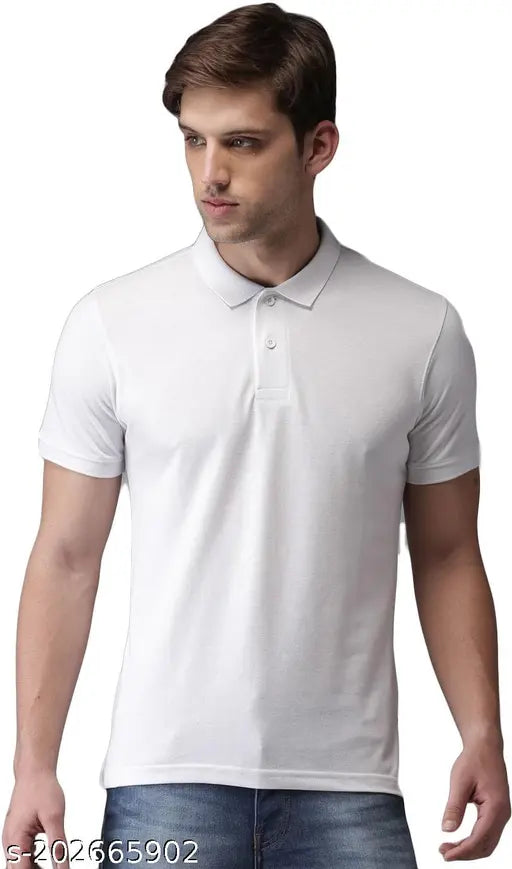 Breathable white cotton polo neck half sleeve t-shirt for men, durable stitch and quality finish