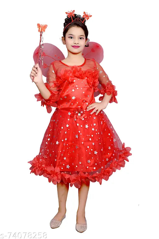 Red party dress with ruffles and star detailing, suitable for girls party wear