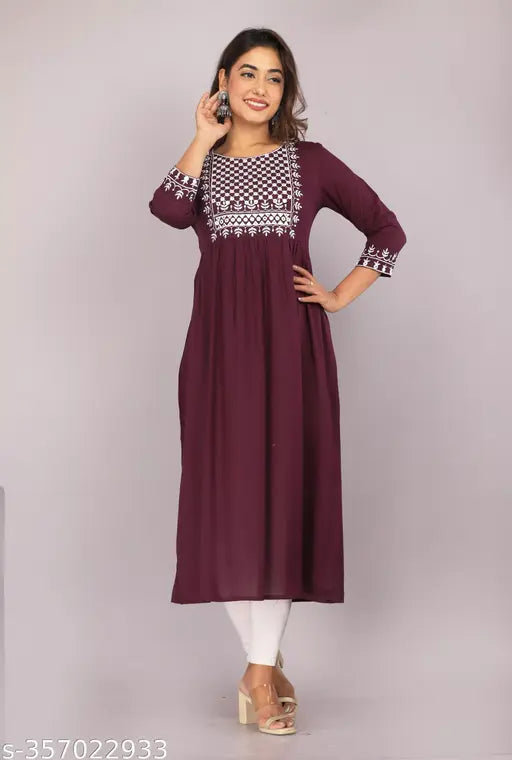 Rayon embroidered anarkali kurta for women, three-quarter sleeves, S-XXXL sizes