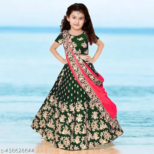 Embroidered taffeta silk lehenga choli for girls with short sleeves, net dupatta. Indian handcrafted traditional attire for 2-15 years old children