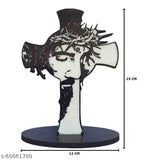 Wooden handcrafted Christian Cross with Jesus Christ Face and Crown of Thorns, perfect for car dashboards, 15x11x4 cm