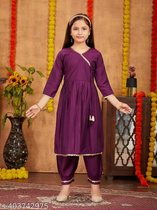 Purple silk kurti Patiala set with sequins lace work, ideal for Aarika Girls ethnic wear aged 5-11 years