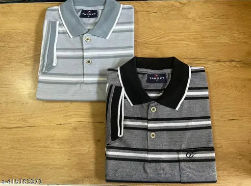 Red & Cream striped polo neck t-shirts for men (pack of 2), cotton blend, short sleeves, L, XL sizes, Krishiika Enterprise, Indian origin