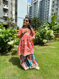 Printed cotton Apsara Kurti & Sharara set, vibrant colors, three-quarter sleeves. Indian traditional clothing for toddlers and kids