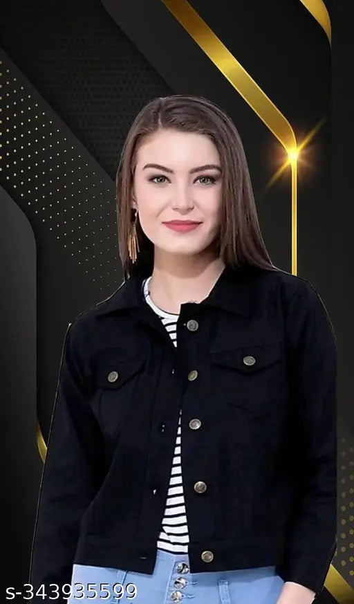 Black fancy denim women's jacket, solid design with long sleeves and metallic buttons - India