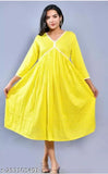 Fashionable yellow linen kameez with long sleeves and V-neck