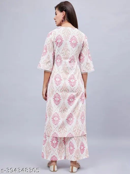 WineRed geometric print cotton kurta set with palazzos, features three-quarter sleeves and vibrant wine red & white design. Perfect for parties or get-togethers. Indian ethnic wear