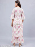 WineRed geometric print cotton kurta set with palazzos, features three-quarter sleeves and vibrant wine red & white design. Perfect for parties or get-togethers. Indian ethnic wear