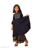 Rayon blue printed kurti palazzo set for kids, A-line silhouette and three-quarter sleeves