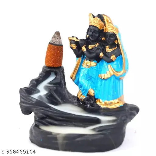 Blue Radha Krishna Murti Backlow Incense Idols Showpiece - Polyresin, Indian-made figurine decor with smoke backflow fountain