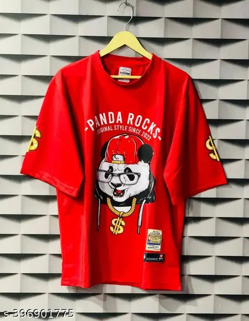 Rarescape Panda print oversized polyester t-shirt, three-quarter sleeves, size M-XXXL. Imported fabric on display." (115 characters)