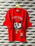 Rarescape Panda print oversized polyester t-shirt, three-quarter sleeves, size M-XXXL. Imported fabric on display." (115 characters)