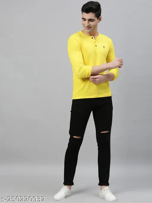 Men's black cotton blend knee-cut jeans, comfortable fit for casual or special occasions. Solid pattern, durable and stretchable for versatile wear. Sizes: 28 (Waist 28in, Length 40in, Hip 30in), 30 (Waist 30in, Length 40in, Hip 32in), 32 (Waist 32in, Length 40in, Hip 34in). Made in India