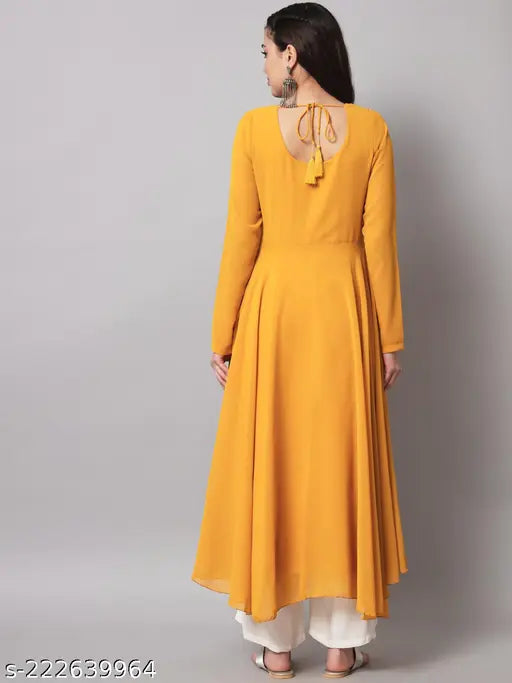 Georgette anarkali kurta, solid-colored Indian traditional attire with long sleeves and round neck, hand-embroidered Georgette fabric