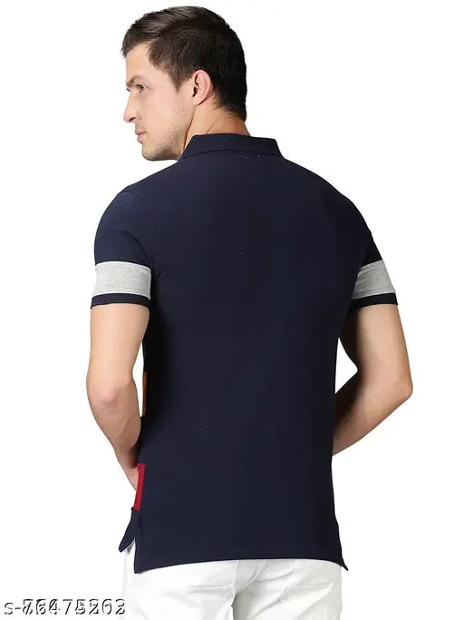 Navy blue colorblocked cotton blend t-shirt, short sleeves, quality made in India