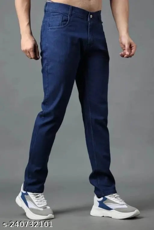 Men's stretchable denim jeans, solid print, mid-rise, dark wash. High-quality, color-guaranteed soft fabric, slim fit. Sizes: 28 (Waist 28in, Length 41in), 30 (Waist 30in, Length 41in), 32 (Waist 32in, Length 41in), 34 (Waist 34in, Length 41in), 36 (Waist 36in, Length 41in). Made in India