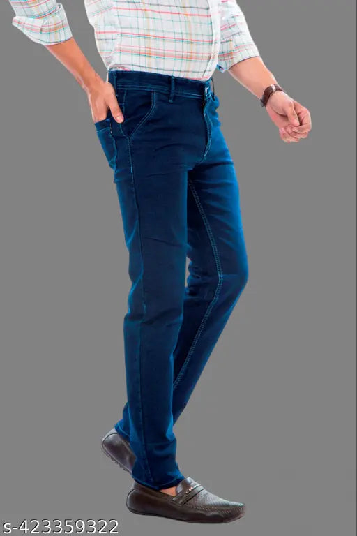 Dark blue stretchable denim men's regular fit jeans, versatile and timeless choice