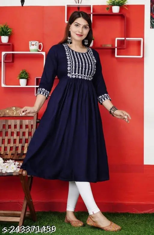 Embroidered rayon Anarkali kurti, three-quarter sleeves, vibrant traditional design